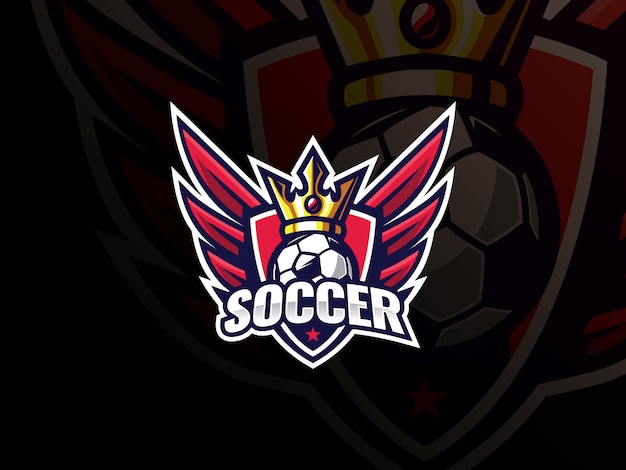 サッカーサッカースポーツのロゴデザイン サッカーのロゴやサッカークラブのサインバッジベクトルイラスト 翼と盾を持つフットボールの王 プレミアムベクター