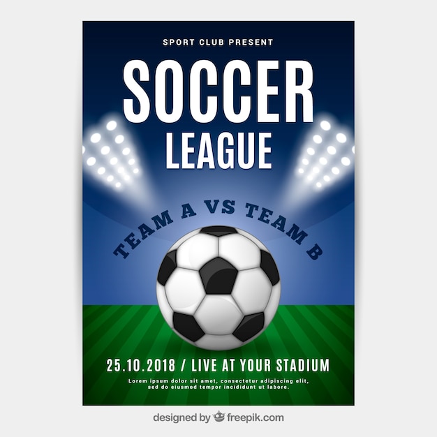 Soccer league flyer with ball in realistic
style
