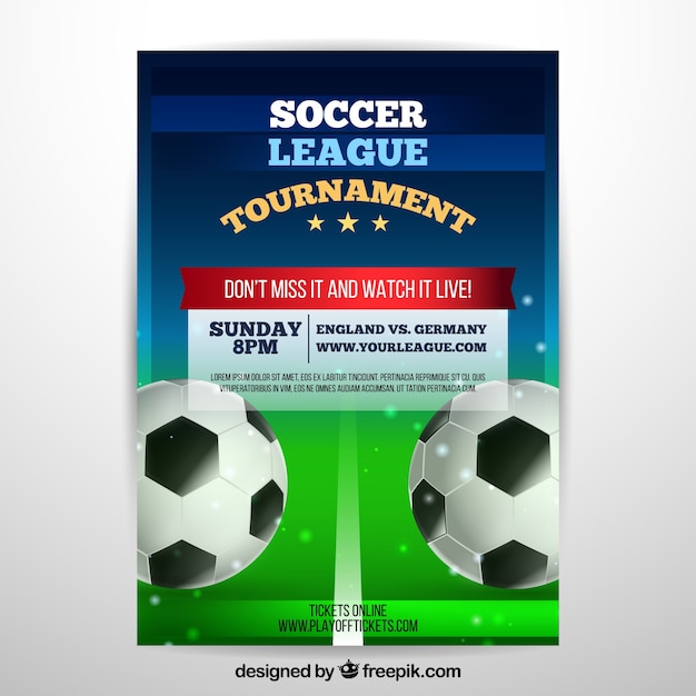Soccer league flyer with balls in realistic
style