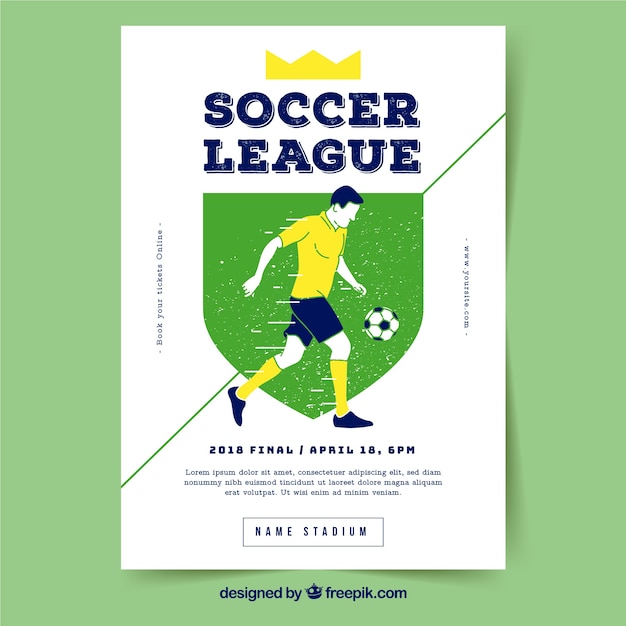 Soccer league flyer with player in hand drawn\
style