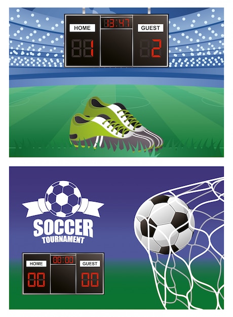 靴の機器とトロフィーのサッカースポーツバルーンサッカー プレミアムベクター