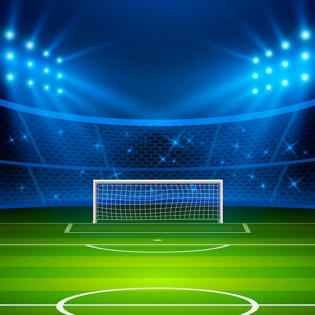 サッカースタジアム ゴールと明るいスタジアムライトのあるサッカーアリーナフィールド サッカーワールドカップ プレミアムベクター