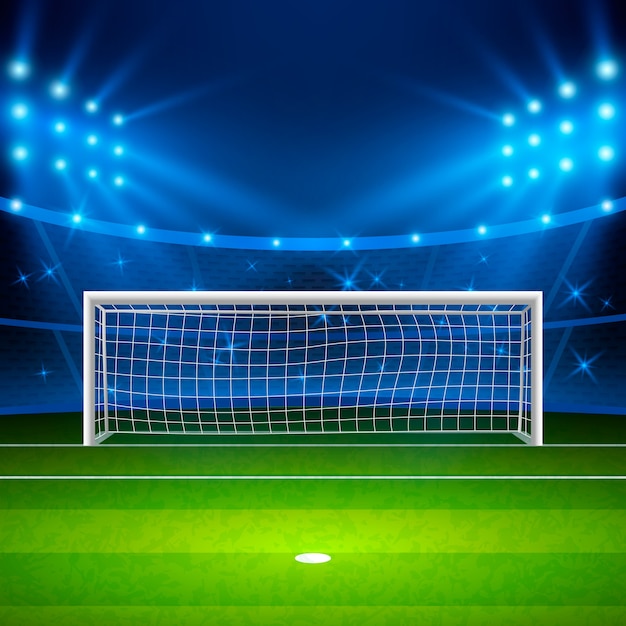 Premium Vector Soccer Stadium Green Football Field On Stadium Arena In Night Illuminated Bright Spotlights