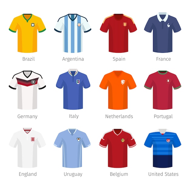 サッカーユニフォームまたは代表チームのサッカー アルゼンチンブラジルスペインフランスドイツイタリアオランダポルトガルイングランド 無料のベクター