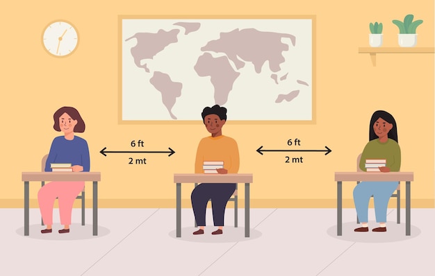 学校での社会的距離の概念図 教室に座っている混血の子供たち 子どもたちは講義室の中で安全な距離を保ちます 学校に戻る ベクトルイラスト プレミアムベクター