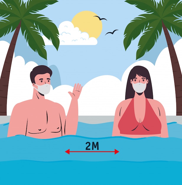 Социальное дистанцирование на пляже, пара в медицинской маске в море, новая  нормальная летняя концепция пляжа после коронавируса или ковида | Премиум  векторы
