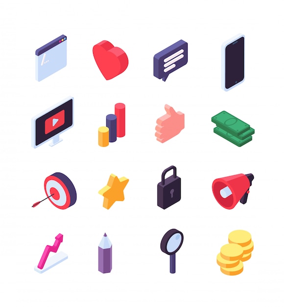 Social marketing isometric icons. media message and search 3d social network signs. Premium Vector