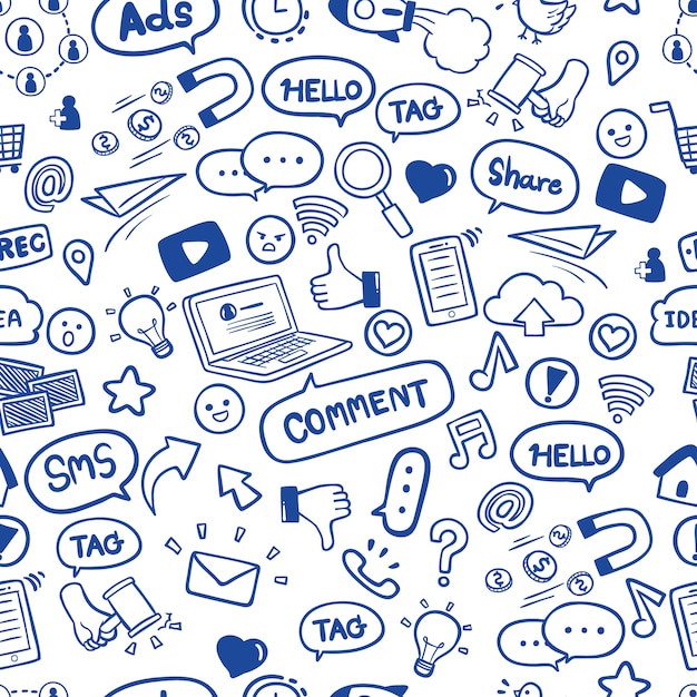 Social Media In Hand Drawn Doodles Seamless Pattern