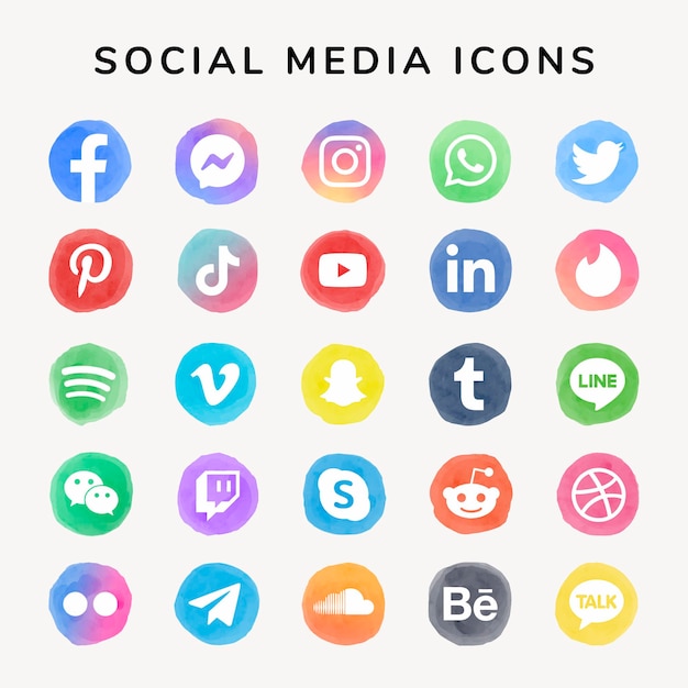 Free Vector Social Media Icons Vector Set Watercolor With Facebook Instagram Twitter Tiktok Youtube Etc