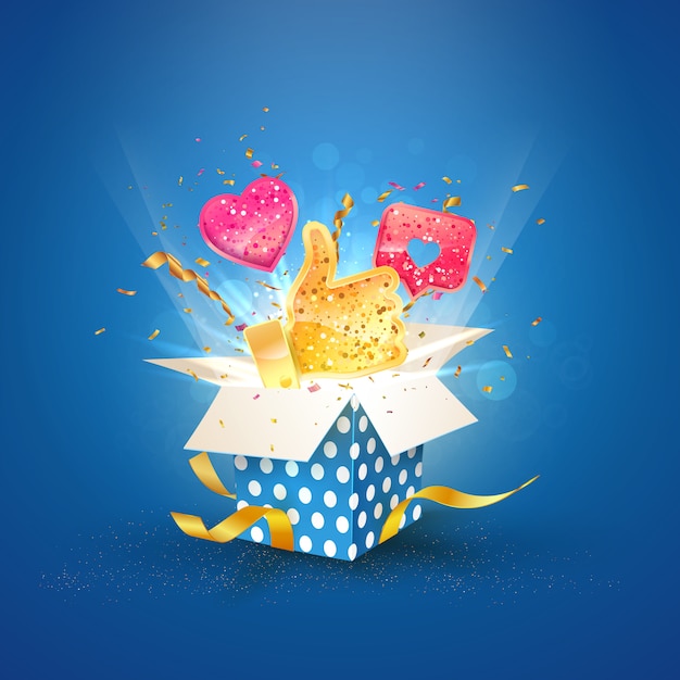 Social media influence. blue box with like vector icons 3d vector illustration. Premium Vector