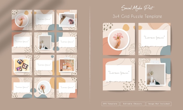 Social media instagram feed post template in grid puzzle style with organic shape background Premium