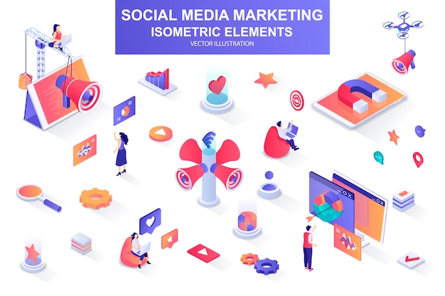  Social media marketing bundle of isometric elements  illustration