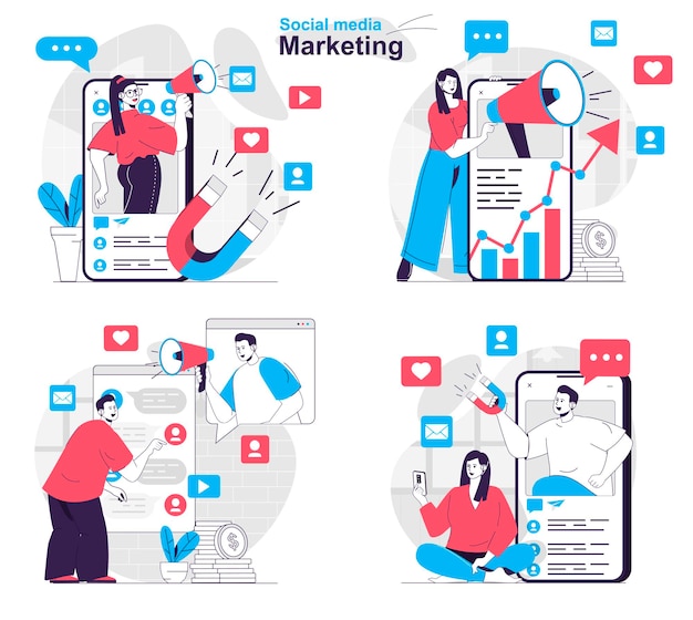 Premium Vector Social Media Marketing Concept Set Customer Attracting