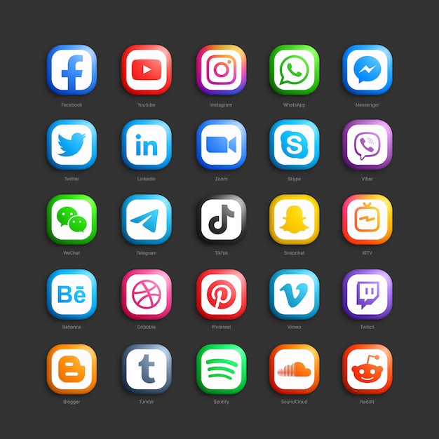 Social media network 3d web icons set Premium Vector