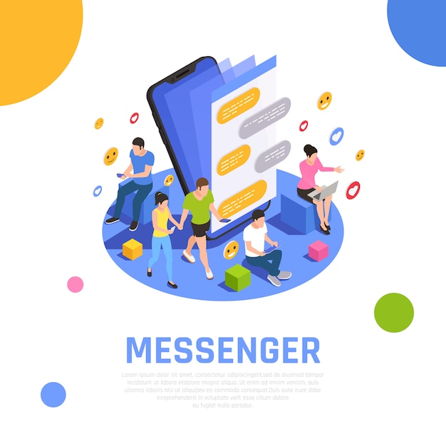 Social media network isometric composition with messenger applications open on smartphone screen and communicating users Free Vector