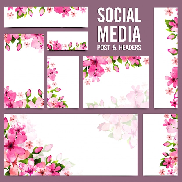 ソーシャルメディアの投稿とヘッダー ピンクの花 プレミアムベクター