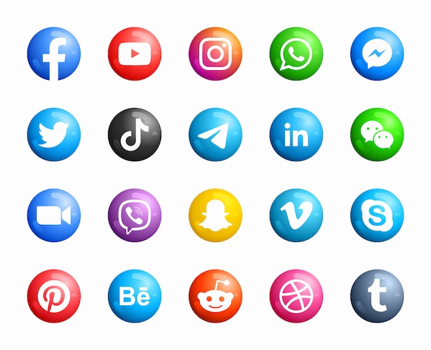 Social media round modern 3d icons set Premium Vector