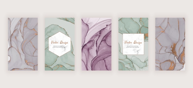 Social media stories banners with grey and green alcohol ink texture and marble frame Premium Vector