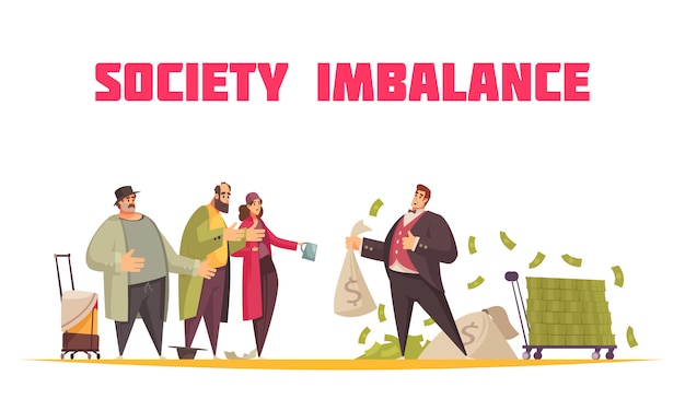 Free Vector Society Imbalance Flat Cartoon Horizontal Composition With Rich Man Holding Sack Dollars And Poor Beggars