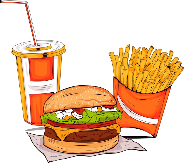 Premium Vector | Soft drink burger and fries illustration fast food