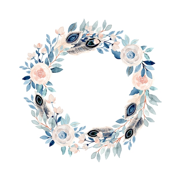 Download Soft watercolor floral and feather wreath | Premium Vector