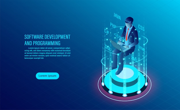 Software development and coding. programming of concept. data processing. computer code with window interface. Premium Vector
