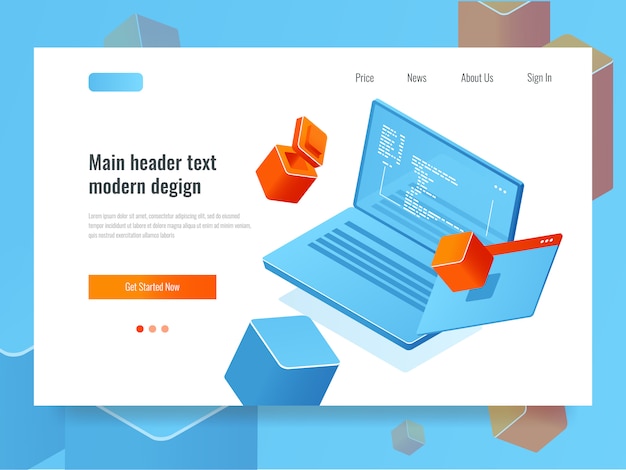 Software development, programming, laptop with code and screen, program refactor Free Vector