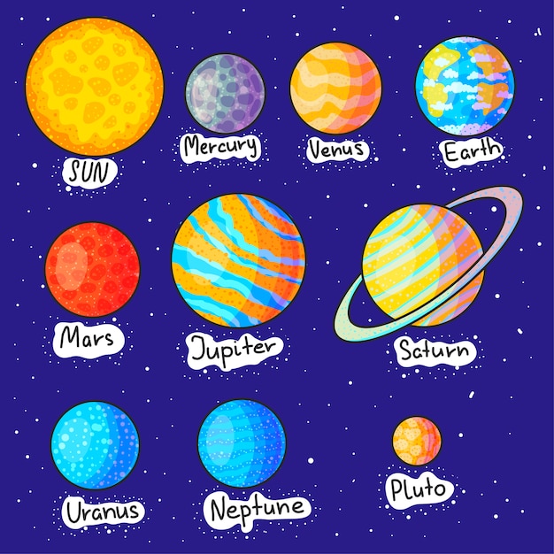 プレミアムベクター 太陽系の惑星手描き漫画イラストセット