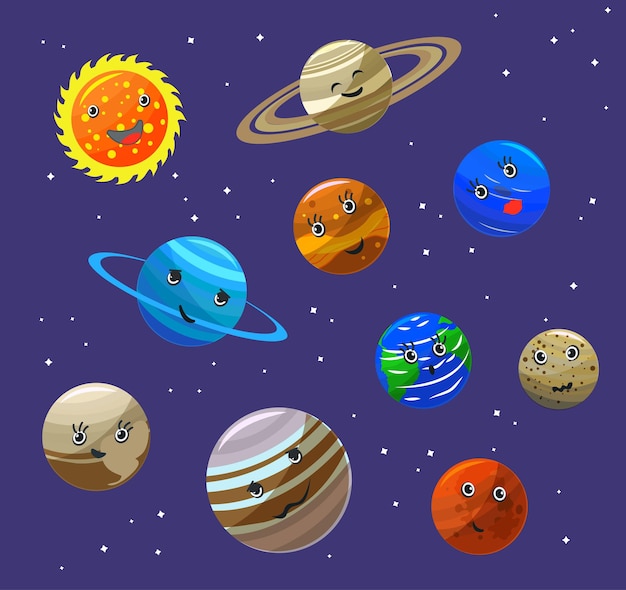 Premium Vector | Solar system planets and sun characters set funny flat ...