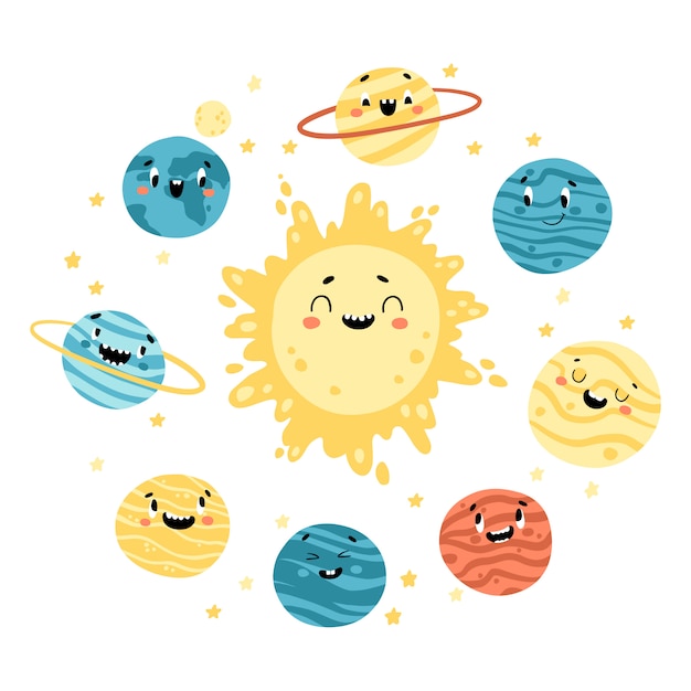 太陽系 太陽と惑星 変な顔でかわいい宇宙の幼稚なイラスト 漫画の手描きキャラクター プレミアムベクター