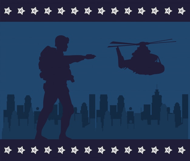 都市景観におけるライフルとヘリコプターのシルエットの兵士 プレミアムベクター