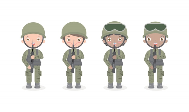 兵隊 男と女 フラット漫画のキャラクターデザイン分離米国陸軍 兵士分離イラスト プレミアムベクター