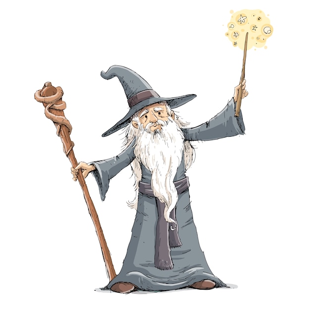 魔法のイラストをやっている杖を持つ魔術師 プレミアムベクター