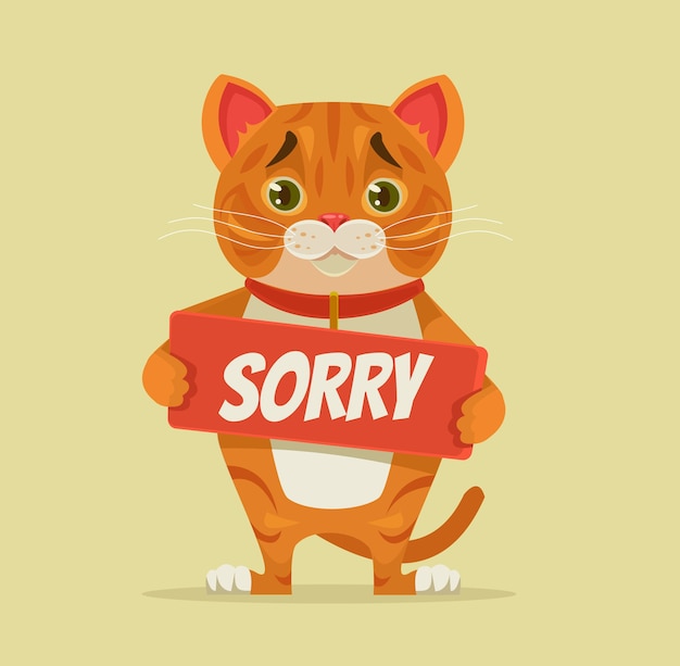 申し訳ありませんが猫のキャラクターは謝罪プレートのイラストを保持します プレミアムベクター