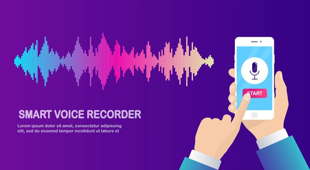 イコライザーからのサウンドオーディオグラデーション波 マイクアイコン付きの携帯電話 音声録音用の電話アプリ プレミアムベクター