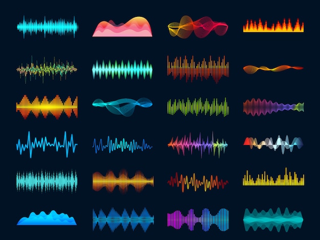 Soundtrack signal spectrum and studio melody beat vector frequency meter concept on dark background Premium Vector