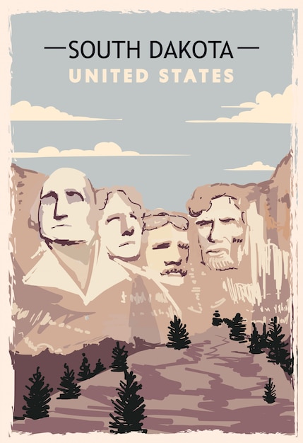 サウスダコタ州のレトロなポスター アメリカサウスダコタ旅行イラスト アメリカ合衆国 プレミアムベクター