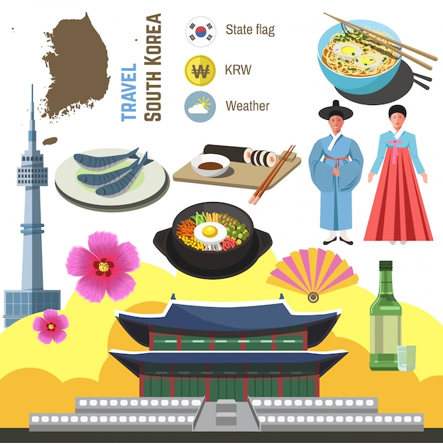 South korea culture symbol set. travel seoul direction concept ...