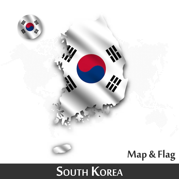 韓国の地図と国旗 テキスタイルデザインを振る ドット世界地図背景 プレミアムベクター