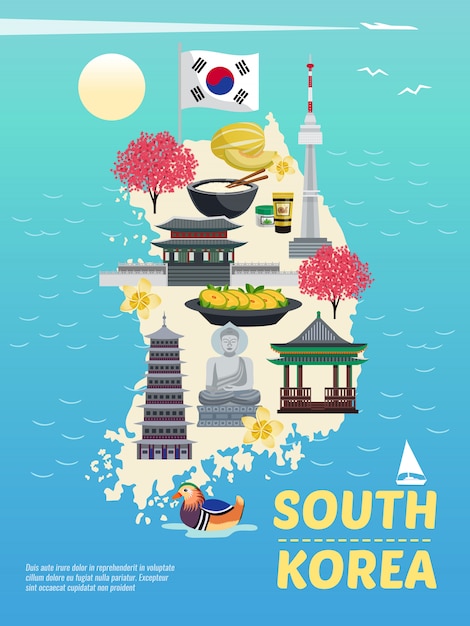海とテキストのイラストと島のシルエットに落書き画像と韓国観光垂直ポスター構成 無料のベクター