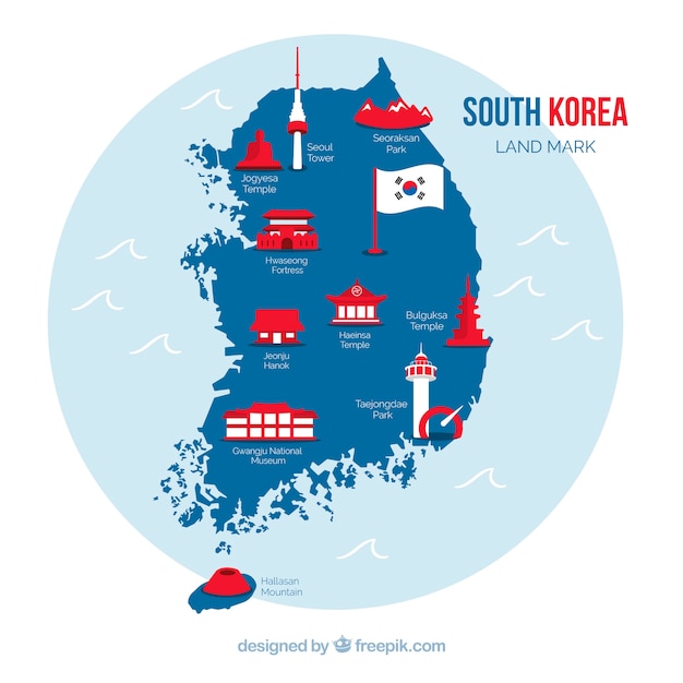 プレミアムベクター ランドマーク付き南韓国地図