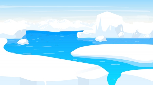 南極のイラスト 氷山の端のある南極の風景 白い雪の海とパノラマの土地 極寒のシーン 北欧の表面 霜フィヨルド アラスカ 北極の漫画の背景 プレミアムベクター