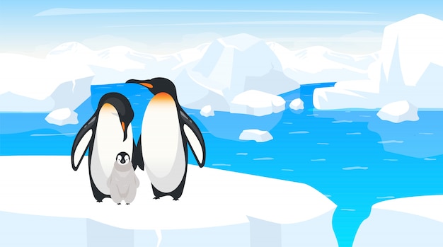 南極野生生物フラットイラスト ひびの入った氷山の皇帝ペンギンの家族 冬の風景にひよこと大人の鳥 南極の荒野 動物漫画のキャラクター プレミアムベクター