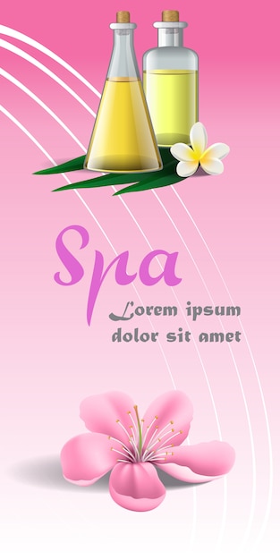 Spa brochure with pink blossom, white tropical\
flower and massage oil