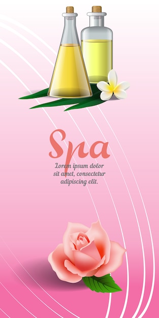Spa brochure with rose, white tropical flower\
and massage oil on pink background.