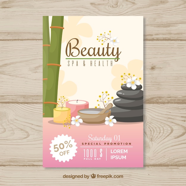 Spa center flyer with bamboo in flat
style