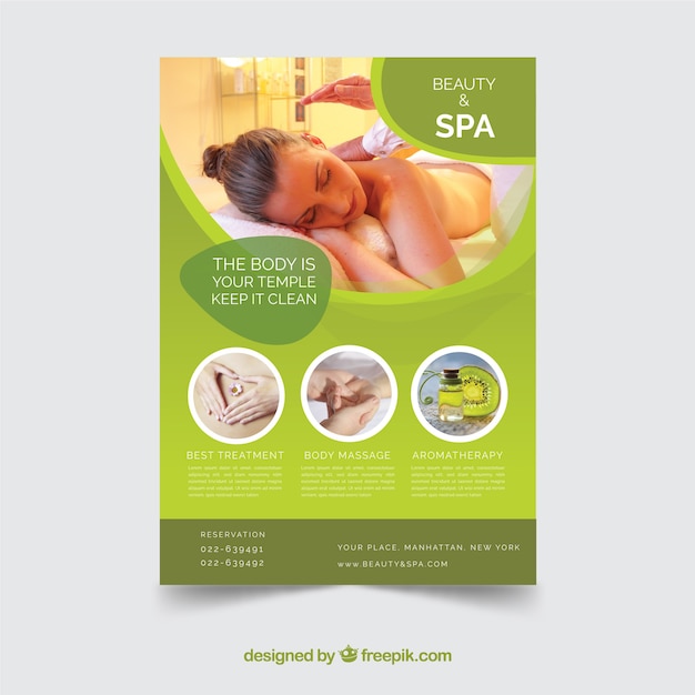 Spa center flyer with different treatments to\
relaxing