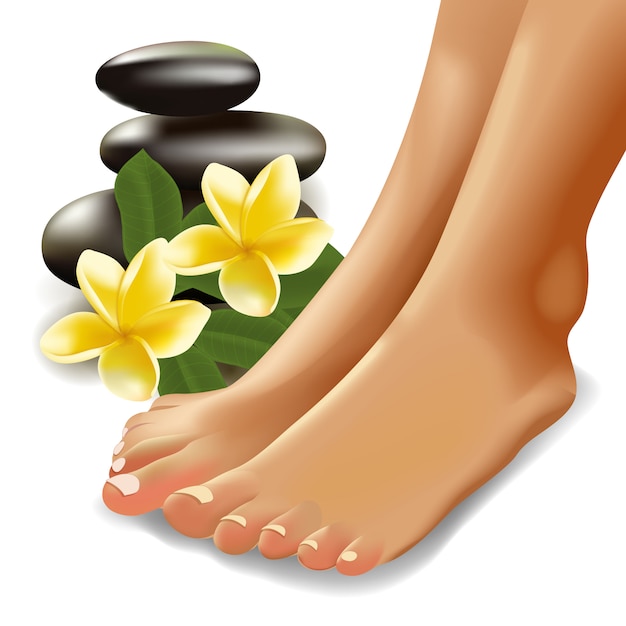 Spa concept with realistic female feet, frangipani and stones ...