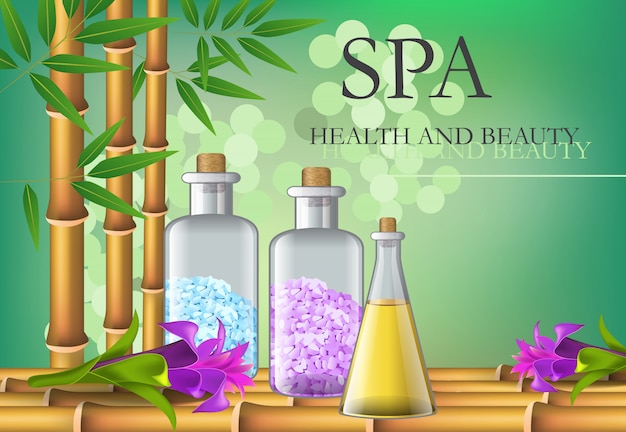 Spa, health and beauty lettering with bamboo\
and bottles