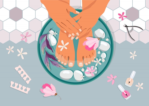 Premium Vector | Spa pedicure top view illustration. female feet in a ...